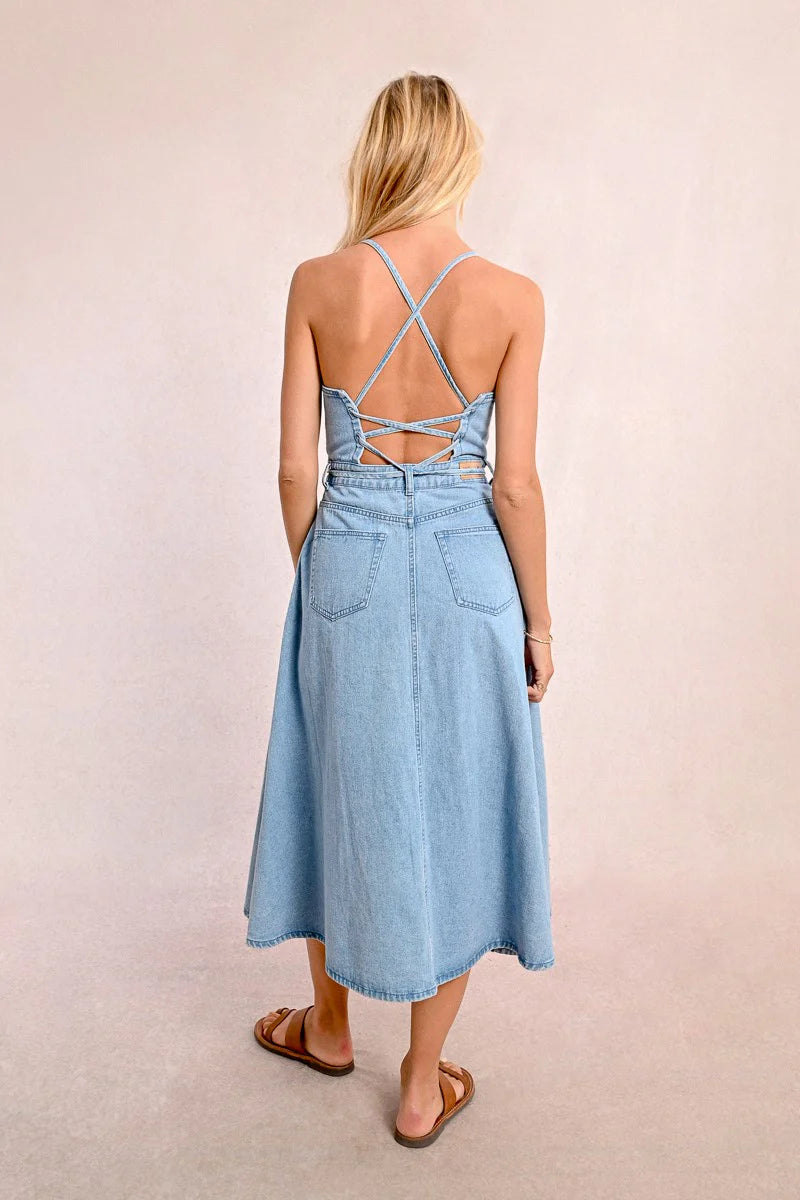 Long Denim Cross Back Dress